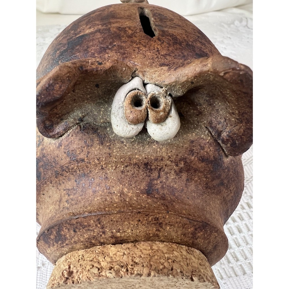 Vintage Signed Studio Pottery Piggy Bank Dorothy Beach Cork Stopper Folk Art - Picture 11 of 16